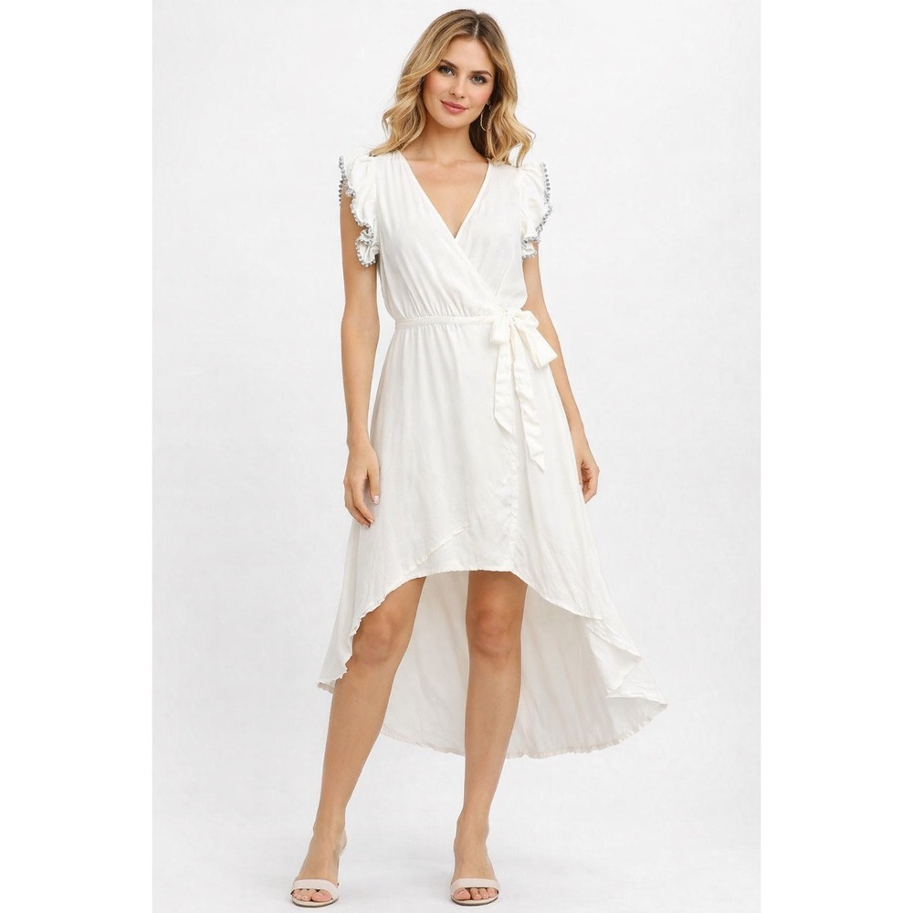 Jaase White Wrap Dress Women Size L 100% Rayon Flutter Sleeve Tie Waist Flowy